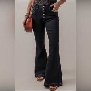 Black Button Front High Waist Flares